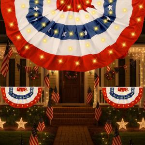 Unittype 4 Pack 2 x 4 ft American Pleated Fan Flags with LED Lights, Patriotic Half Fan Bunting Flags for Outdoor 250th Anniversary Lighted 4th of July Decoration with Grommet for Independence Day