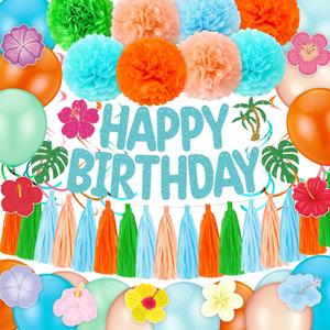 Faccito 59 Pcs Hawaii Birthday Party Decoration Tropical Happy Birthday Banner Balloons Paper Pom Poms Paper Tassel Hanging Swirl Hibiscus Cards for Hawaii Luau Tiki