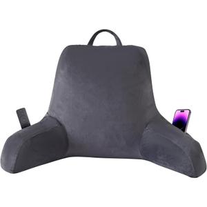 Reading Pillow with Arms for Adults, Back Pillow for Bed Sitting Up, Shredded Memory Foam Backrest Pillow with Pockets & Removable Washable Cover, Lounging, Watching TV, Reading(20inch Grey) (Standard-L(20inch))