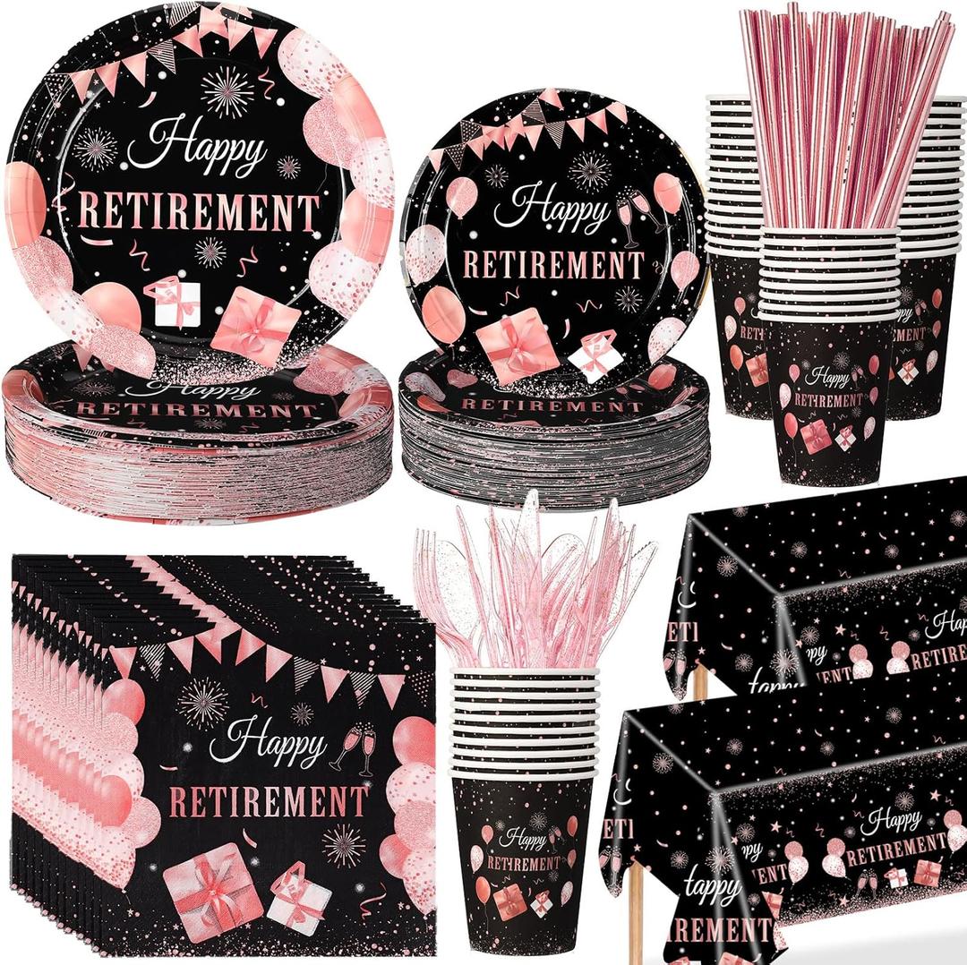 452 Pcs Retirement Party Decorations Supplies Set Include Rose Gold Retirement Paper Plates Napkins Cups Tablecloth Cutlery Straws for Men Women Say Goodbye Party