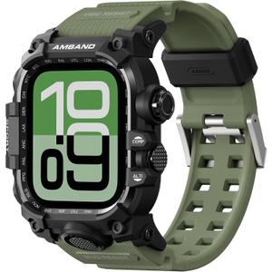 amBand Rugged Case with Band for Apple Watch 44mm, Compatible with iWatch Series SE 3/SE 2nd Generation/SE/6/5/4, Military Grade Shockproof Bumper Cover, Tactical Band for Men, Army Green