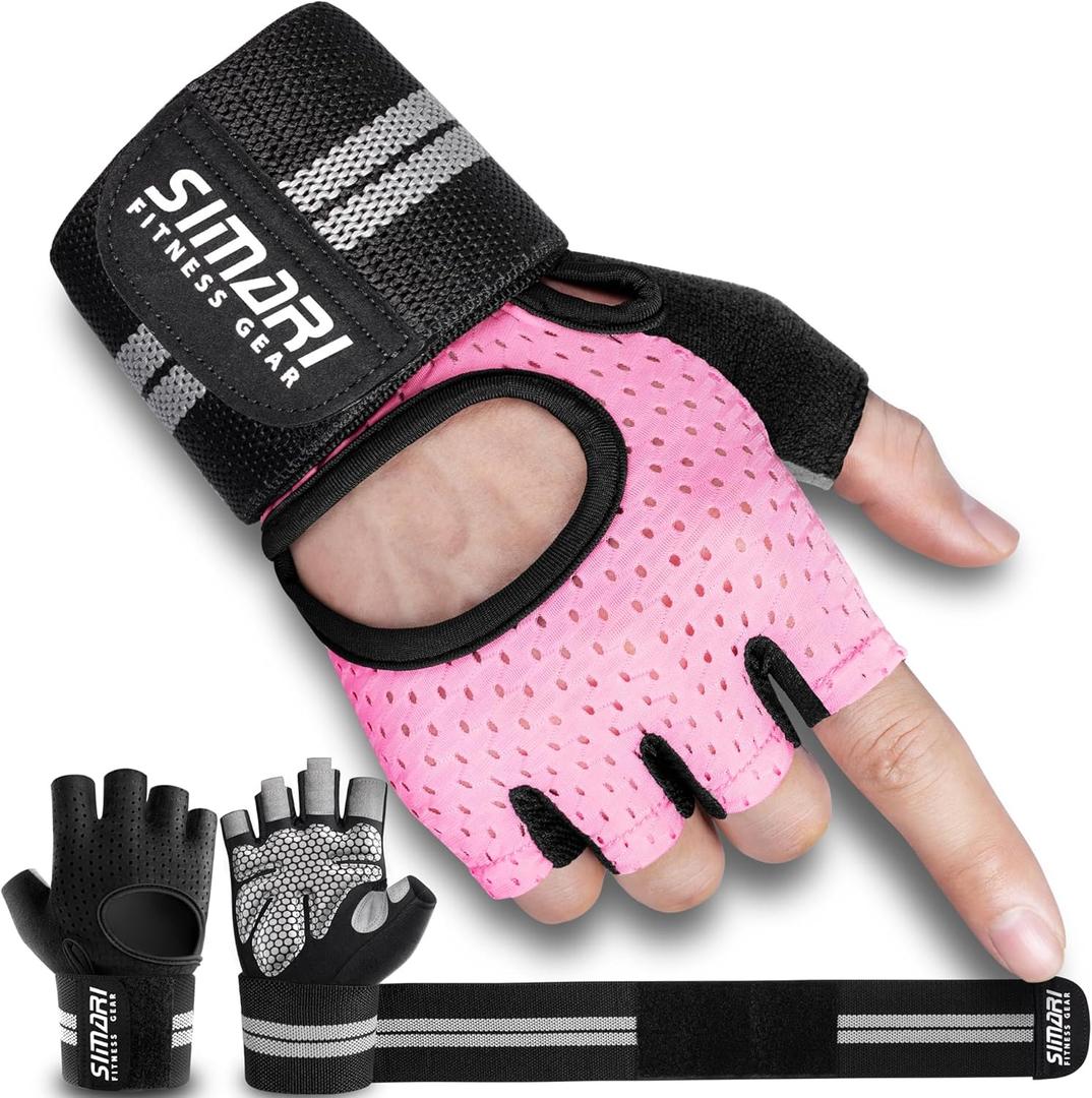 SIMARI Breathable Workout Gloves for Men Women, Padded Weight Lifting Gloves with Wrist Wraps Support, Full Palm Protection, Grip for Gym Training, Fitness, Weightlifting, Exercise Fingerless Black (Pink, L)