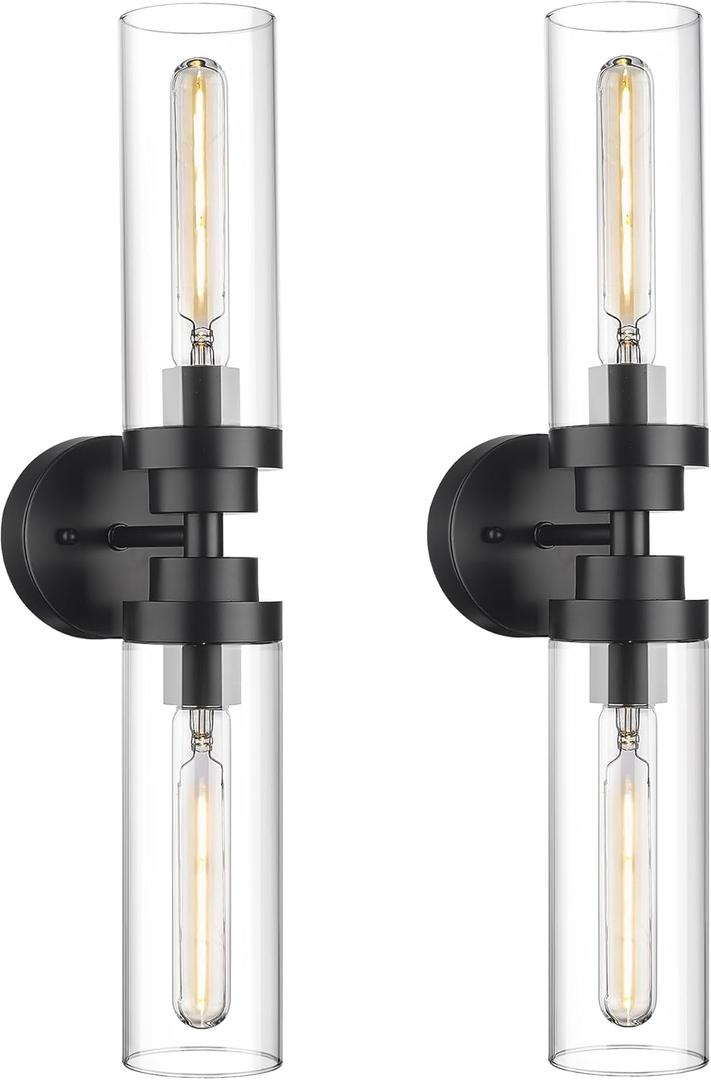 Emak 22 Inch Black Bathroom Light Fixtures Over Mirror, 2-Light Bathroom Vanity Light with Clear Glass Shade, 2 Pack Wall Sconce for Bathroom, Bedroom, Hallway, VL085-BKL-2-2PK