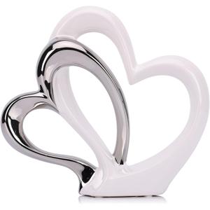 LCCCK Dubble Heart Statue Sculpture - Ceramic Heart Figurines Porcelain, Modern Love Statues Couple Romantic Bedroom Table Mantel Decor - Wedding Valentine Day Ornament (White and Silver)