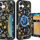 for iPhone 16 Wallet Case - Fits 4 Card Slots, Compatible with MagSafe for Women Aesthetic Durable PU Leather Credit Card Holder Kickstand Phone Cover for Apple 16, Lemon Bird