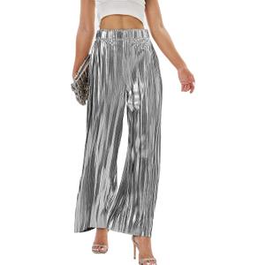 Heipeiwa Women's Shiny Pleated Wide Leg Pants Party Nightout High Waist Trouser Folded Lightweight Outfit Clubwear, Size: Small