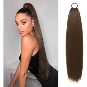 FLUFYMOOZ 28 Inch Ponytail Extension, Versatile Elastic Band Ponytail Extension for Women, Long Straight Synthetic Ponytail Daily Hair Chocolate Brown