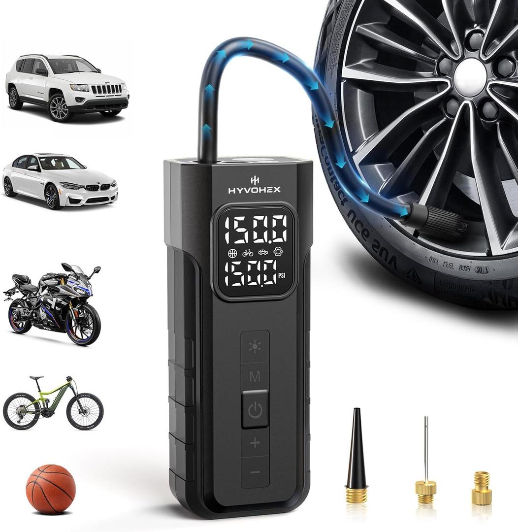 Tire Inflator Portable Air Compressor, 1 Min Fast Inflation Cordless Bike Pump with Digital Pressure Gauge LED Light, 150 PSI Electric Air Pump for Car Tires, Bicycle, Motorcycle, Ball (Black)