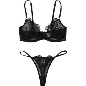 SOLY HUX Women's Embroidery Floral Mesh Sheer Underwire Lingerie Bra and Panty Set Black Floral, Large