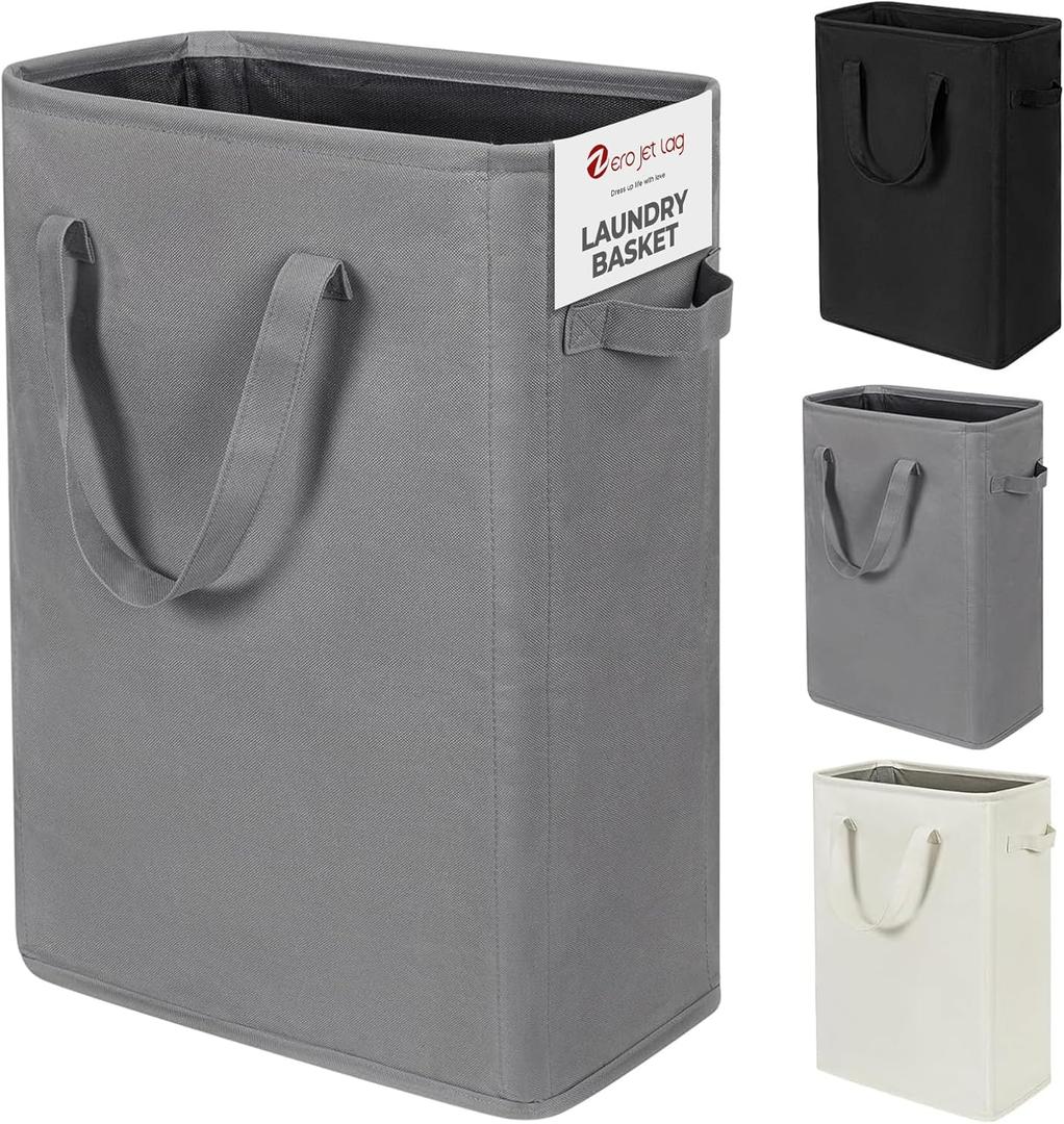 ZERO JET LAG Slim Laundry Hamper With Handles Collapsible Laundry Basket Thin Dirty Clothes Basket Narrow Laundry Bag Foldable Dirty Cloth Hamper 45L (24 inches,Grey)