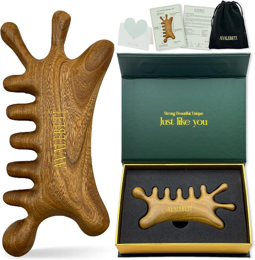 AVALEBETI 6 in 1 Gua Sha Tool for Face & Body, Sandalwood Scalp Massager, Lymphatic Drainage Tools, Head Wooden Massage Comb for Stress Relief, Home Office Self Care Gifts for Women