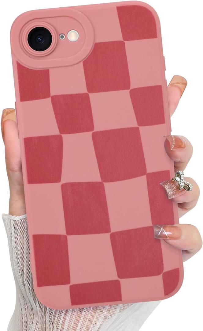 KANGHAR Compatible with iPhone 16E Case, Silicone Checkered Cute Pattern, Camera Protection Soft Slim Phone Case for Phone Case -Pink