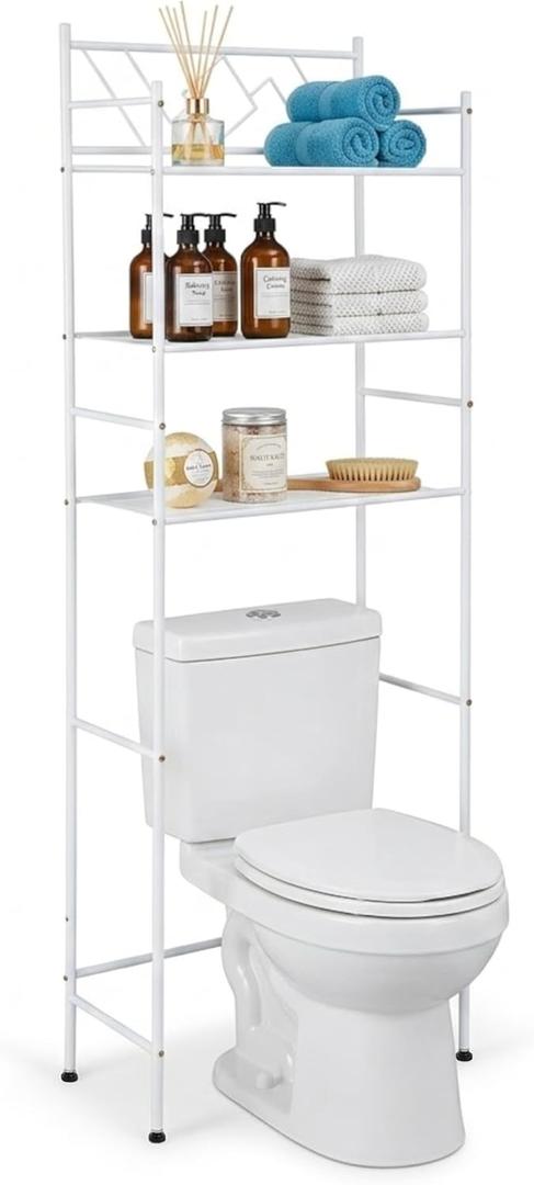 Home Zone Living Over-the-Toilet Bathroom Storage Organizer with 3-Tier Shelves and Adjustable Feet, Freestanding Steel Frame Design, White, 10.6 inches x 22.8 inches x 65 inches