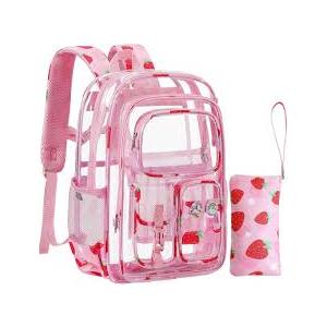 Clear Backpack for Kids, Strawberry Backpack for Girls, Water-Resistant See Through Bookbag with Chest Strap for Preschool Kindergarten College Travel Stadium Work Concert