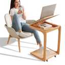 KASLANDI C Shaped Table for Couch, C Table with Wheels,Wooden Couch Table Adjustable Desktop for Living Room,Bedroom - Natural Color