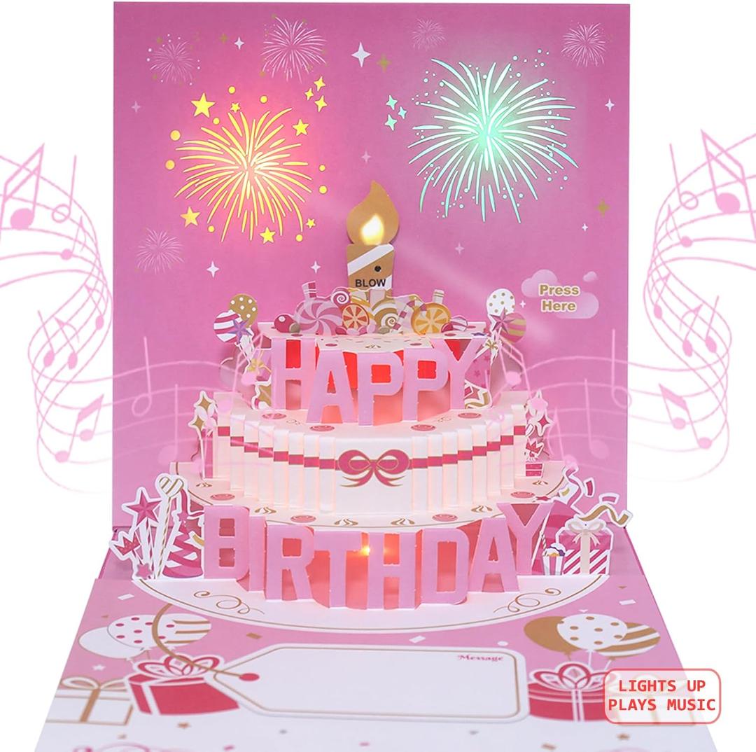 Musical Birthday Cards with Light and Music, Blowable, 3D Birthday Popup Cards for Men & Women Plays Hit Song 'HAPPY Birthday' (pink)