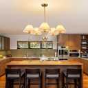 Aleslsop Antique Gold Chandelier with Shades, 5 Light Modern Farmhouse Chandeliers with White Fabric Shade, Linear Island Light fixtures for Dining Room, Kitchen Table, Foyer, Bedroom, Entryway