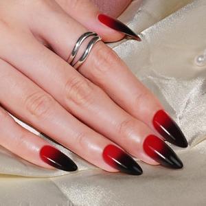 Frinail Black Ombre Press On Nails, Glossy Red Black Gradient French Tip Medium Almond Fake Nails for Women, Reusable Glue On Nails in 15 Sizes,30Pcs False Nail Kit Pack of 2
