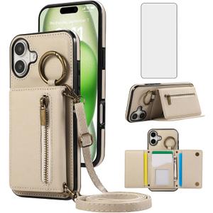 Asuwish Compatible with iPhone 16 6.1 inch Wallet Case with Screen Protector and Crossbody Shoulder Strap Ring Buckle Stand Card Holder Phone Cover for i Phone16 i16 16Case Women Girls Men Beige
