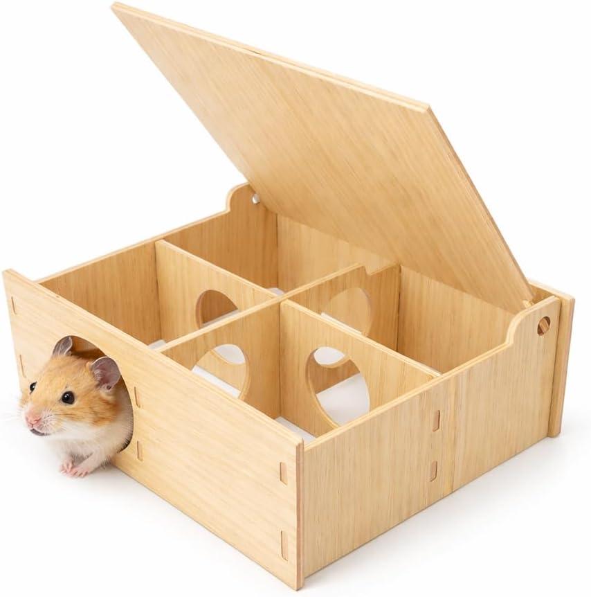 Hamster and Mouse Wooden Tunnel Cage Secret Peep Shed and Explore Hideout Flip Cover Design Hamster Play Tunnel