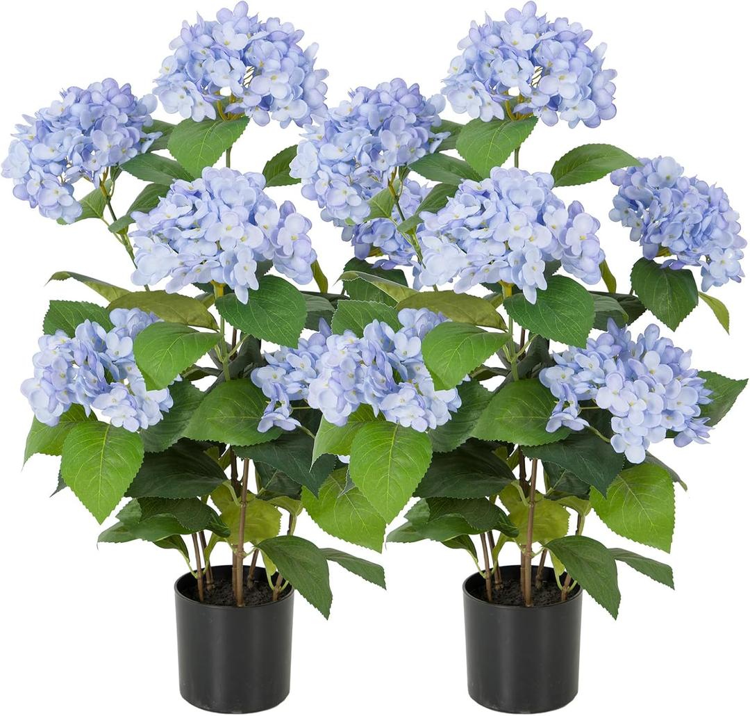 Bellacat 2ft Faux Hydrangea Tree with Blue Flowers, 24in Artificial Hydrangea Plant with Lifelike Leaves, Fake Hydrangea Bush Flower Tree for Porch Patio Living Room Indoor & Outdoor Decor, 2Pack
