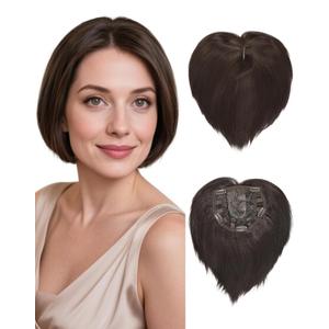QUEENTAS Brown Hair Topper for Women with Thinning Hair Pieces 6"*6"Large Coverage 360°3D Cover Silver Synthetic Short Bob with 5 Clips in Wiglets(Brown)