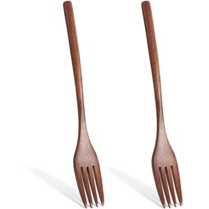 2 Pieces Wooden Forks, 8.8"" Wood Utensils Set, Kitchen Dinner Fork for Food, Desserts, Salad, Fruit, Wood Cutlery for Travel, Brown