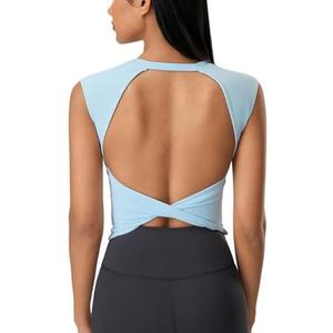 ABOCIW Women Twist Back Workout Top with Built in Bra Cap Sleeve Pilates Yoga Crop Top Athletic Gym Shirt, S