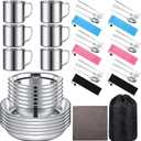 Lallisa Outdoor Camping Cookware Mess Kit Polished Stainless Steel Dishes Camping Utensils Portable Tableware with Plates Cups Spoons Forks Knives Mesh Bag for Backpacking Hiking