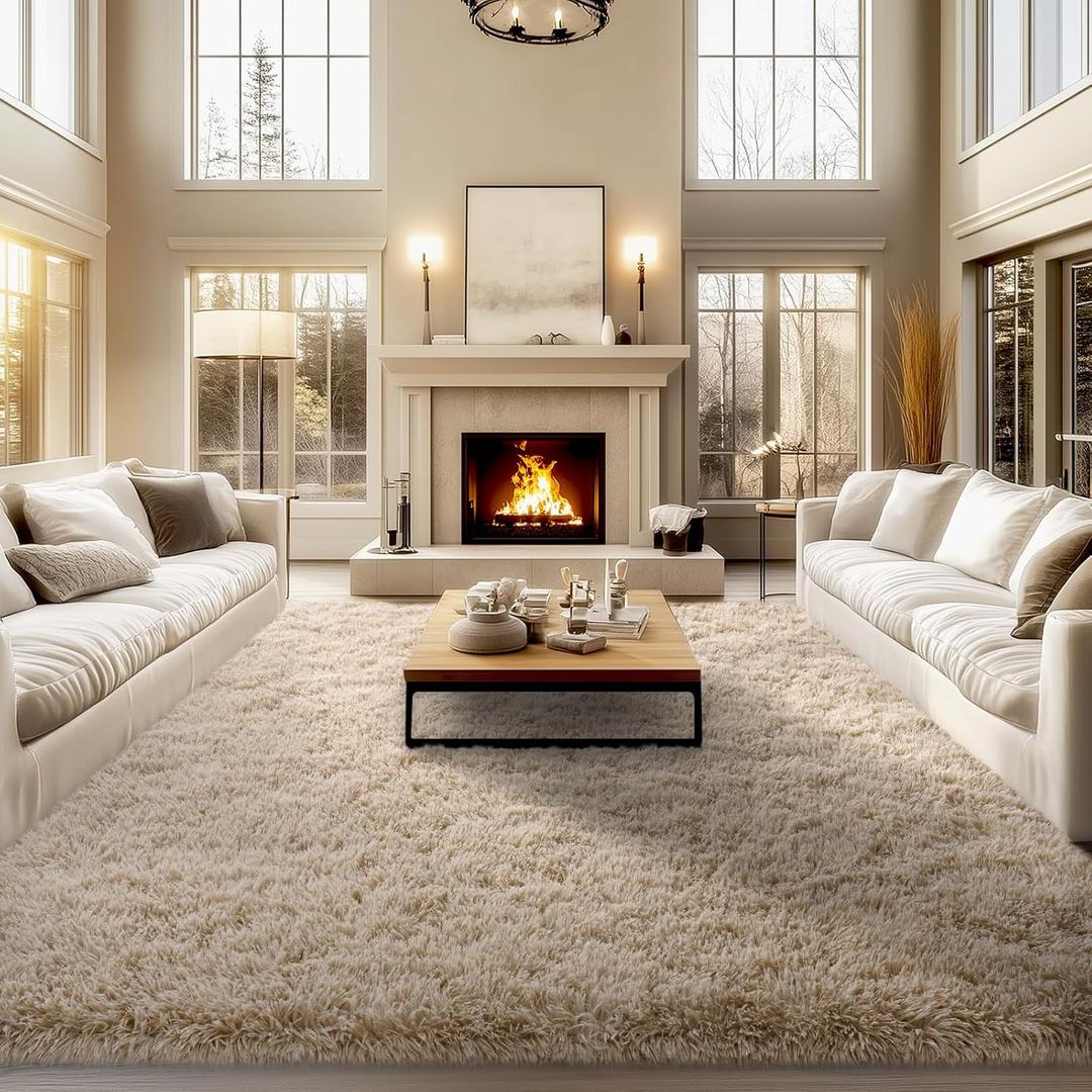 Area Rugs 9x12 Living Room, Large Fluffy Rug for Bedroom, Soft Shag Shaggy Fuzzy Carpets for Boys and Girls Dorm Room Home Decor (9ft x 12ft, Light Tan)