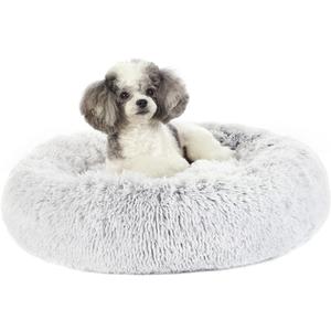 Bedfolks Calming Donut Dog Bed, 23 Inches Round Fluffy Dog Beds for Small Dogs, Machine Washable Anti-Anxiety Plush Puppy BedLight Grey, Small