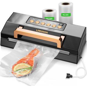 Powerful Suction Vacuum Sealer Machine,Commercial Fully Automatic Food Vacuum Sealer with Double Heat Seal,Dry & Moist Modes,Built-in Cutter,Bags Storage,Easy-Lock Handle,Include 2 Bag Rolls (Black)