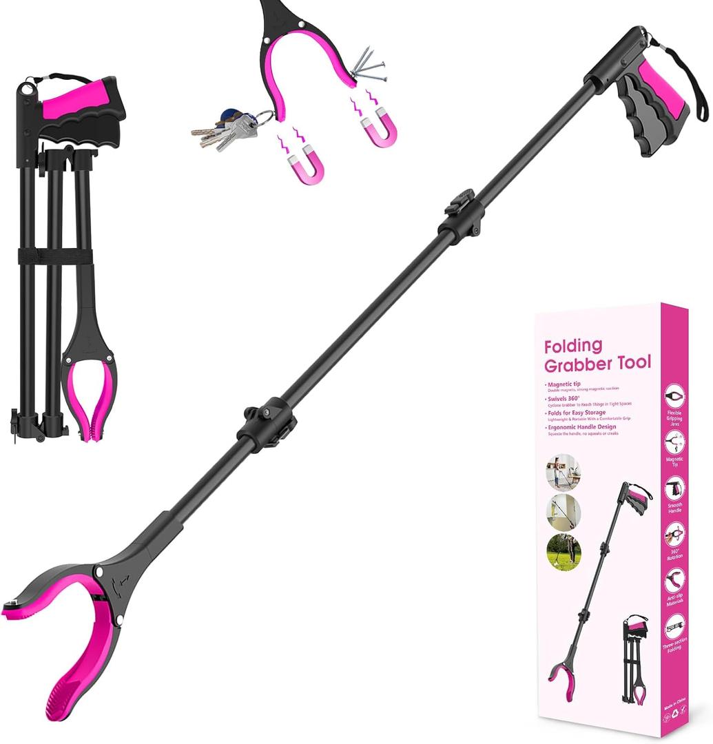 43" Grabber Reacher Tool, Foldable Reacher Grabber Pickup Tool with 360 Rotating Jaw & Two Magnets, Extra Long Trash Picker Upper Grabber, Extension Grabbers for Seniors, Pink