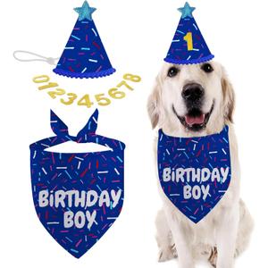 Dog Birthday Bandana Set, Blue Birthday Boy Decorations, HBD Party Supplies with Hat Kerchief Numbers for Pets (Blue)