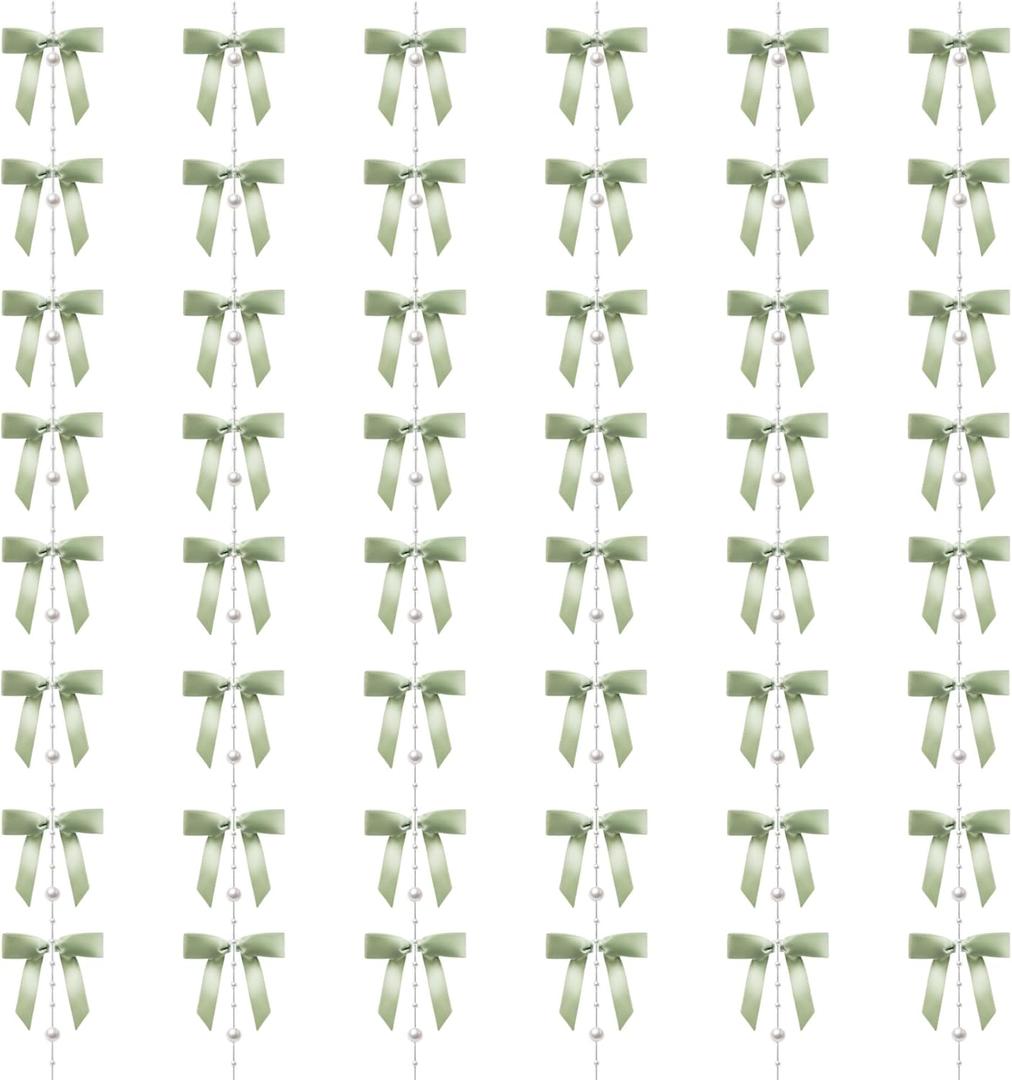 6 Pack 48 pcs Sage Green Satin Ribbon Bow with Pearl Garlands Perfect for Boho Weddings, Showers & Nature-Themed Events Gender Reveal Backdrops, Rustic Birthdays & Vow Renewals
