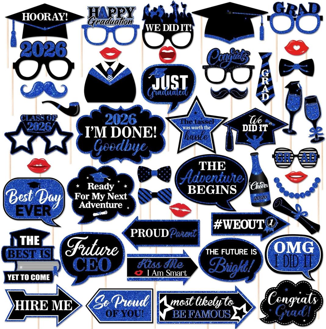 46Pcs Black Blue Graduation Photo Booth Props 2026 Graduation Decorations with Sticks Class of 2026 Grad Party Favors Supplies for High School & College