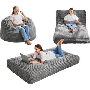 Hobestluk Bean Bag Chair Convertible Beanbag Chairs for Adults, 3 in 1 Bean Bags with Stripe Cover, Adult Bean Bag Chair for Living Room, Bedroom (Grey, Twin)