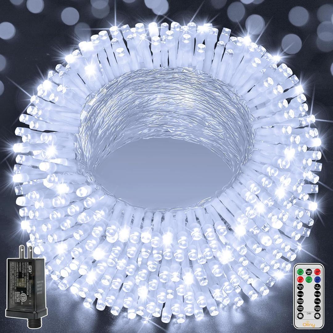 Ollny Christmas Lights Outdoor 800LED 262FT, Cool White Plug in Fairy Light with Remote, 8 Modes Waterproof Timers Dimmable LED String Lights for Indoor House Outside Bedroom Patio Balcony