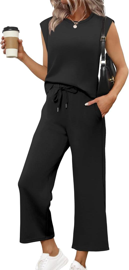 SAMPEEL Two Piece Sets for Women Casual Travel Vacation Outfits Summer Wide Leg Crop Pants Lounge Sets