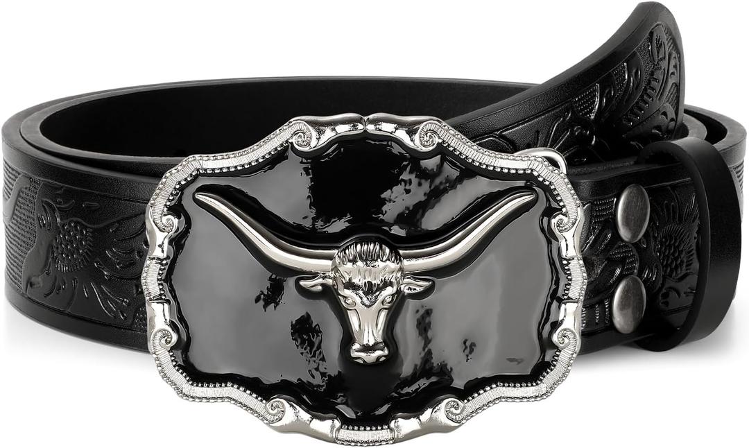 Western Leather Belt for Men Black Cowboy Buckle Belt for Jeans Vintage Country Belt (33-36)