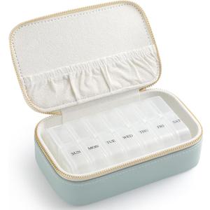 Genuine Leather Travel Pill Organizer Box Case 2 Times a Day for Purse for Women, Cute Medicine Pill Holder Containers for Vitamin Medium Weekly Daily 7 Day Am Pm Pill Organizer(Cyan)