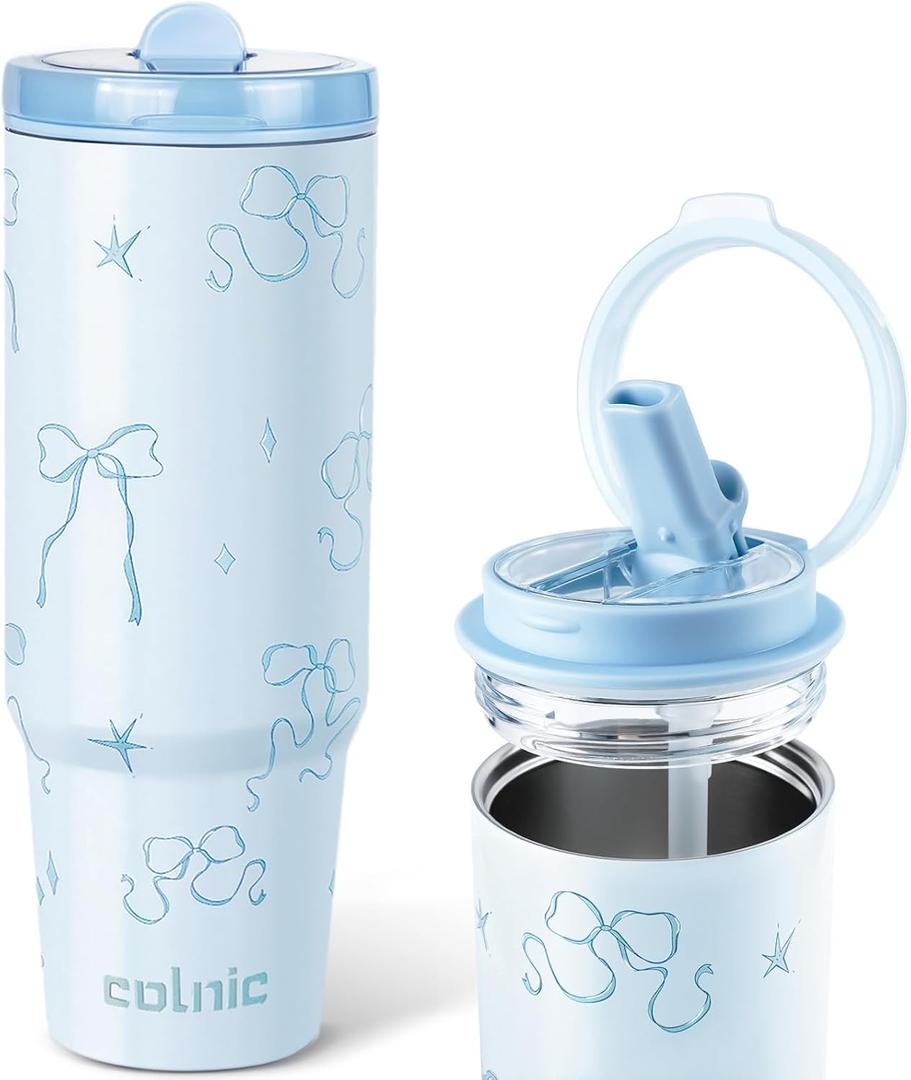 30 oz Bow Tumbler with Straw and Handle, Cute Water Bottles for Women Girls CupInsulated Travel Coffee Tumbler, Leak Proof Stainless Steel Coffee Mug, Aesthetic Coquette Bows Cups (Blue)