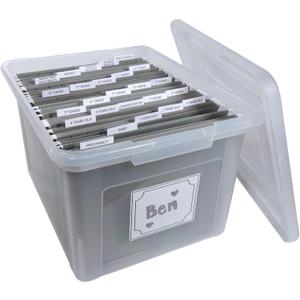 Kid's Craft Memory Keepsake Organizer Box - Clear Storage Latching Bin with Hanging File Folders and Custom Tab Inserts (Gray)