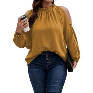 Floerns Women's Plus Size Cold Shoulder Long Sleeve Mock Neck Loose Blouse Top (Yellow, XXXL)