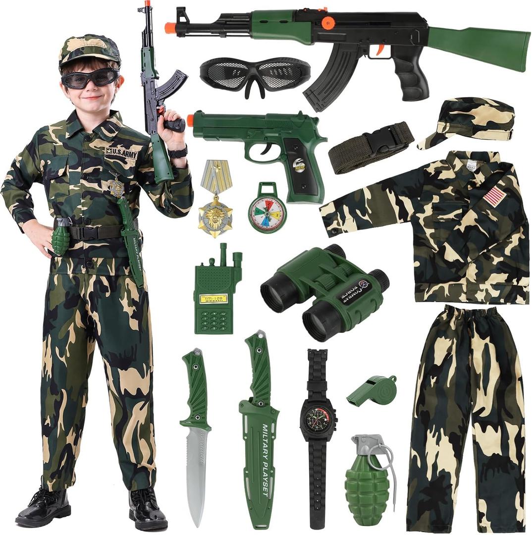Army Costume for Boys, Halloween Costumes for Kids 3-12 with Accessories, Perfect for Halloween, Birthday Party, Career Day (New-Large(8-10yr))
