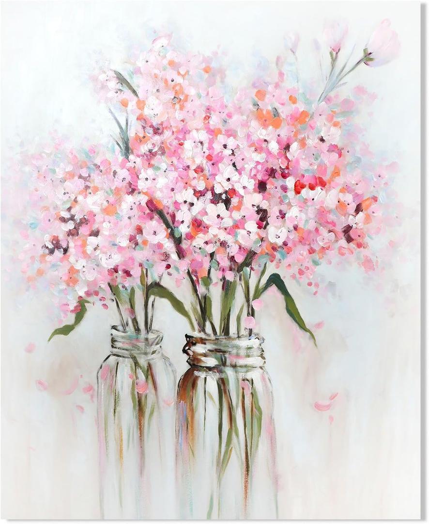 YPY Abstract Bouquet Canvas Wall Art: Pink Flower in Vase Artwork Hand Painted Oil Painting for Teen Girl Bedroom Floral Picture Poster for Living Room Decor 24" x 30"