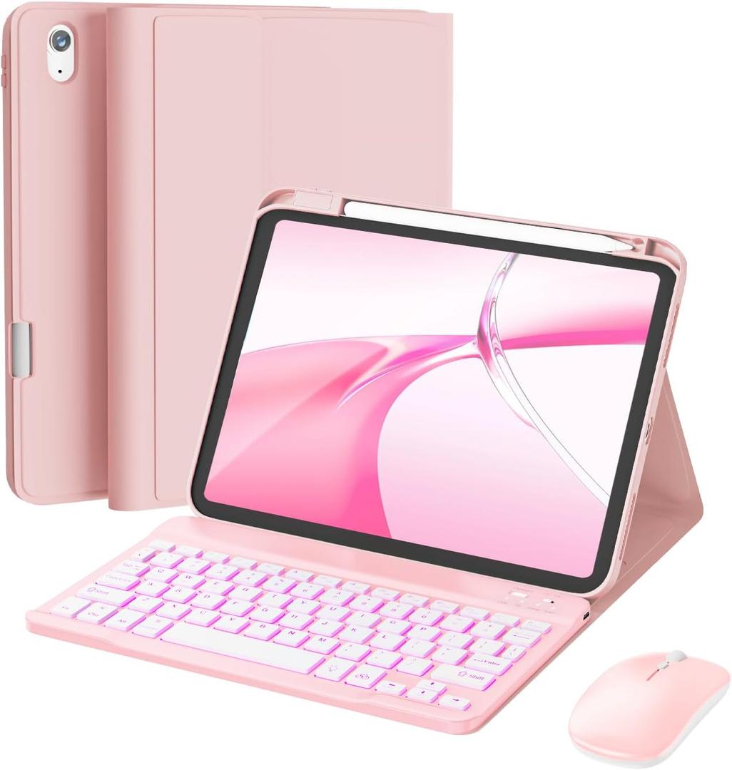 for iPad 11th (A16, 2025) / 10th Generation Case with Keyboard, Mouse and Detachable Wireless Keyboard, 7-Color Backlight, Slim Case with Pencil Holder, Pink