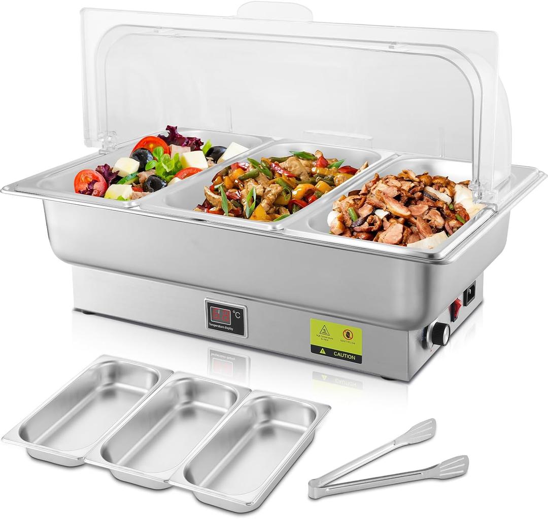 Electric Chafing Dish, 3 x 3QT Size Electric Chafing Dish Buffet Set with Rotary Knob Adjustable Temp, 700W Electric Buffet Servers and Warmers with Roll Top for Catering