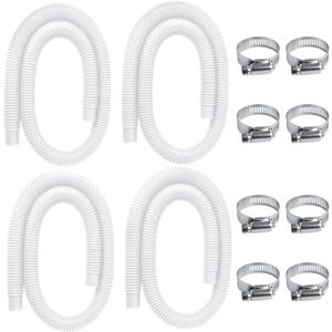 Pool Pump Replacement Hose for Above Ground Pools, 4 Pack 1.25 x 59 Inch Filter Pump Hose, Compatible with Intex Filter Pump 607, 637, 330GPH, 530GPH, 1,000GPH, Includes 8 Metal Clamps, White