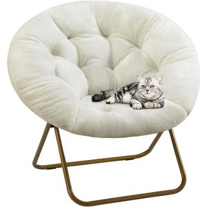 DUMOS Faux Fur Saucer Chair, Foldable Comfy Chair for Bedroom, White, Round-36 Inches